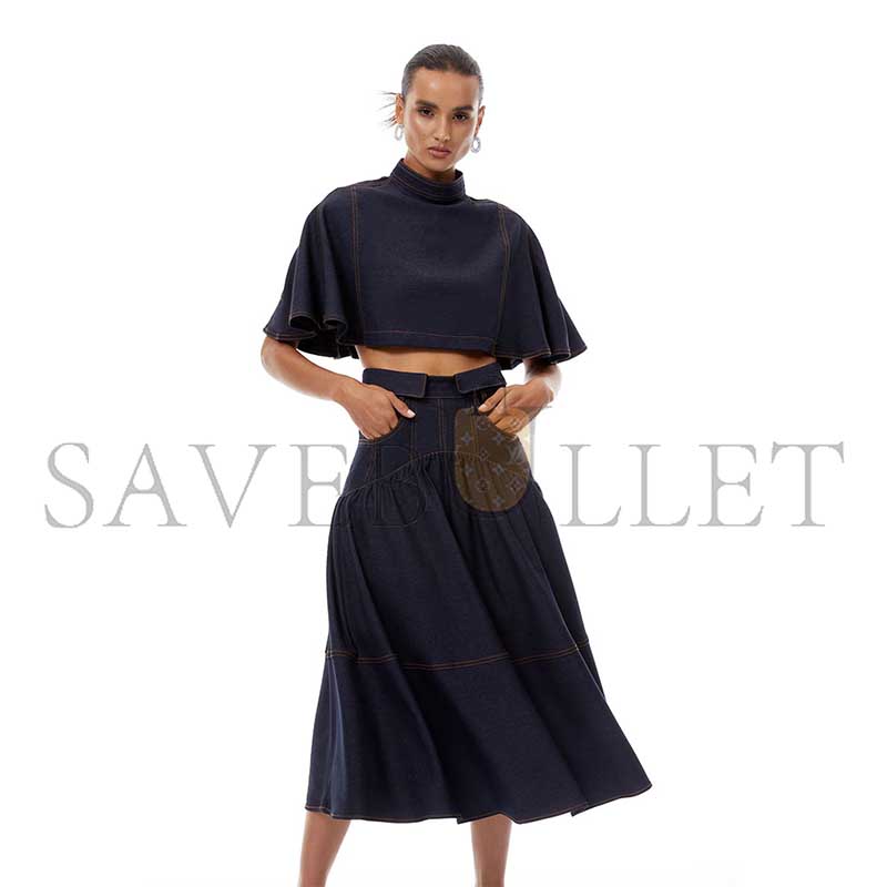 ZIMMERMANN WILHELMINE INDIGO BLUE RUFFLED DENIM MIDI DRESS 